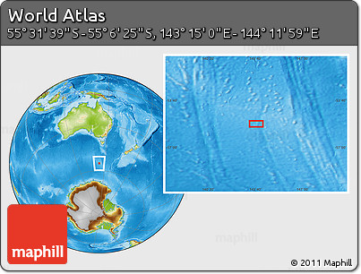 Physical Location Map of the Area around 55° 19' 2" S, 143° 43' 29" E
