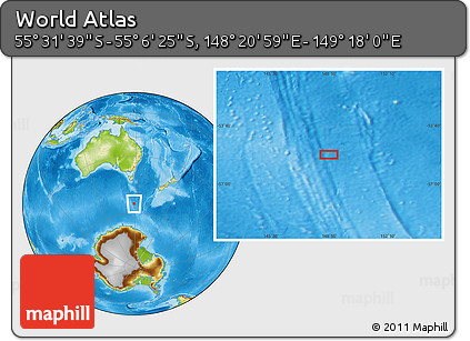 Physical Location Map of the Area around 55° 19' 2" S, 148° 49' 29" E