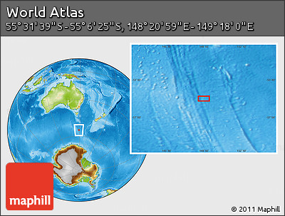 Physical Location Map of the Area around 55° 19' 2" S, 148° 49' 29" E