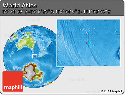 Physical Location Map of the Area around 55° 19' 2" S, 151° 22' 30" E