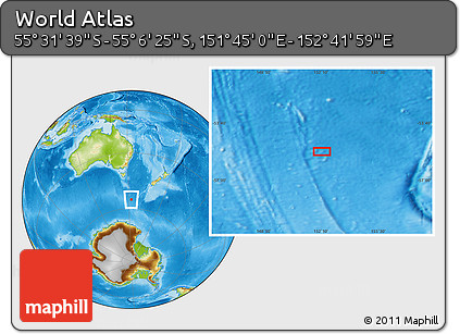 Physical Location Map of the Area around 55° 19' 2" S, 152° 13' 29" E