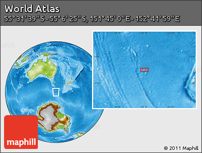 Physical Location Map of the Area around 55° 19' 2" S, 152° 13' 29" E