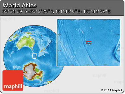 Physical Location Map of the Area around 55° 19' 2" S, 152° 13' 29" E