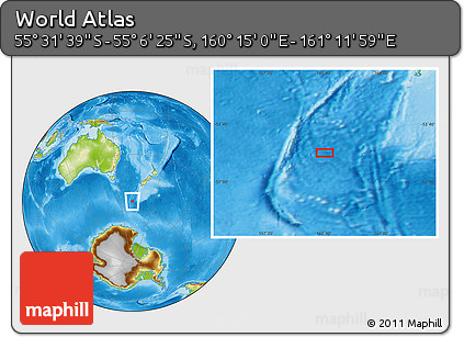Physical Location Map of the Area around 55° 19' 2" S, 160° 43' 29" E