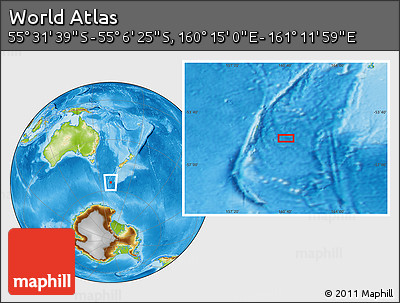 Physical Location Map of the Area around 55° 19' 2" S, 160° 43' 29" E
