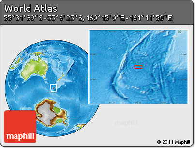 Physical Location Map of the Area around 55° 19' 2" S, 160° 43' 29" E