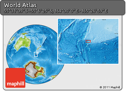 Physical Location Map of the Area around 55° 19' 2" S, 164° 58' 29" E