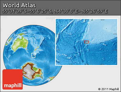 Physical Location Map of the Area around 55° 19' 2" S, 164° 58' 29" E