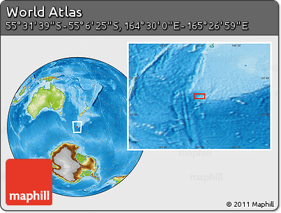 Physical Location Map of the Area around 55° 19' 2" S, 164° 58' 29" E