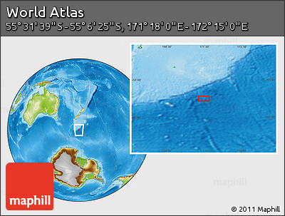Physical Location Map of the Area around 55° 19' 2" S, 171° 46' 30" E