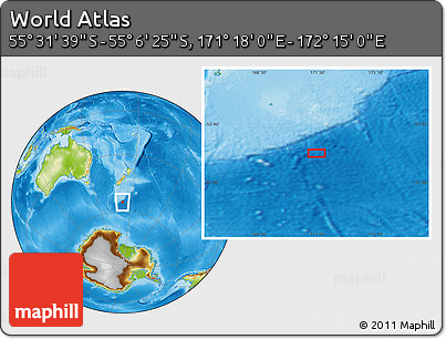 Physical Location Map of the Area around 55° 19' 2" S, 171° 46' 30" E