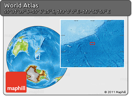 Physical Location Map of the Area around 55° 19' 2" S, 173° 28' 29" E