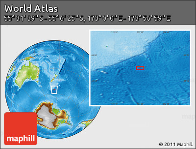 Physical Location Map of the Area around 55° 19' 2" S, 173° 28' 29" E