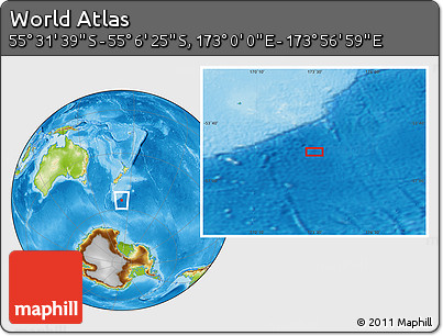 Physical Location Map of the Area around 55° 19' 2" S, 173° 28' 29" E
