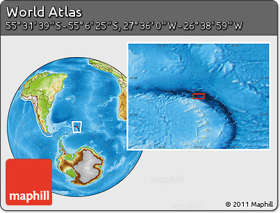 Physical Location Map of the Area around 55° 19' 2" S, 27° 7' 30" W