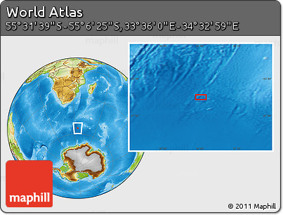 Physical Location Map of the Area around 55° 19' 2" S, 34° 4' 30" E