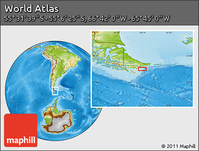 Physical Location Map of the Area around 55° 19' 2" S, 66° 13' 29" W
