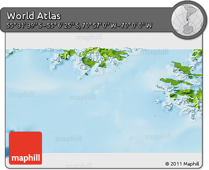 Physical 3D Map of the Area around 55° 19' 2" S, 70° 28' 29" W