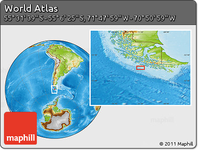 Physical Location Map of the Area around 55° 19' 2" S, 71° 19' 29" W