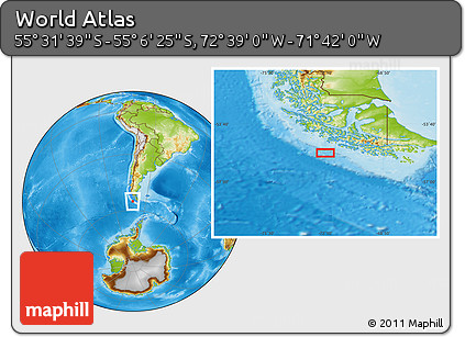 Physical Location Map of the Area around 55° 19' 2" S, 72° 10' 30" W