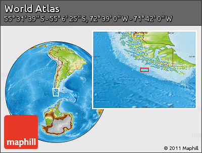Physical Location Map of the Area around 55° 19' 2" S, 72° 10' 30" W