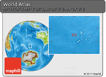 Physical Location Map of the Area around 55° 19' 2" S, 96° 58' 29" E