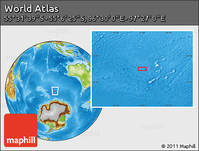 Physical Location Map of the Area around 55° 19' 2" S, 96° 58' 29" E