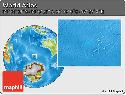 Physical Location Map of the Area around 55° 19' 2" S, 96° 58' 29" E