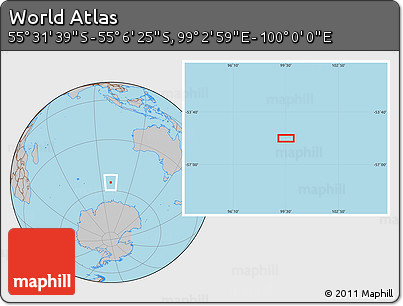 Gray Location Map of the Area around 55° 19' 2" S, 99° 31' 30" E