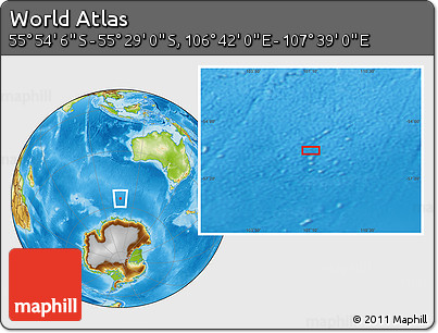 Physical Location Map of the Area around 55° 41' 33" S, 107° 10' 30" E
