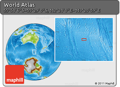 Physical Location Map of the Area around 55° 41' 33" S, 142° 52' 30" E
