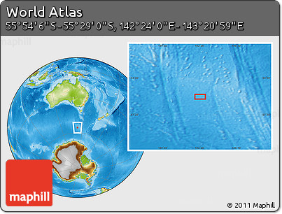 Physical Location Map of the Area around 55° 41' 33" S, 142° 52' 30" E