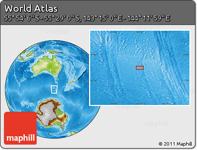 Physical Location Map of the Area around 55° 41' 33" S, 143° 43' 29" E