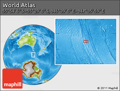 Physical Location Map of the Area around 55° 41' 33" S, 147° 7' 30" E