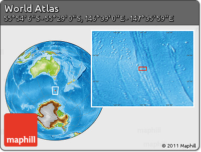 Physical Location Map of the Area around 55° 41' 33" S, 147° 7' 30" E