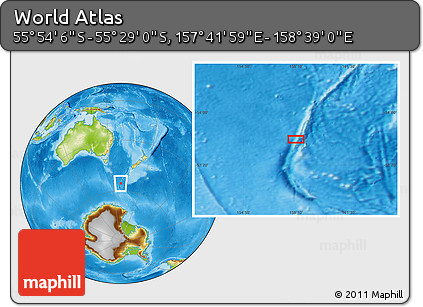 Physical Location Map of the Area around 55° 41' 33" S, 158° 10' 30" E