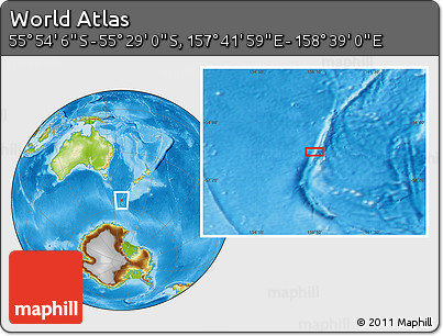 Physical Location Map of the Area around 55° 41' 33" S, 158° 10' 30" E