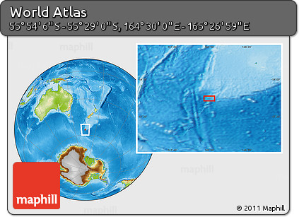 Physical Location Map of the Area around 55° 41' 33" S, 164° 58' 29" E