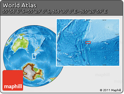 Physical Location Map of the Area around 55° 41' 33" S, 164° 58' 29" E