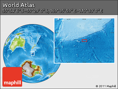 Physical Location Map of the Area around 55° 41' 33" S, 170° 4' 29" E