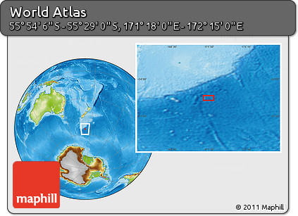 Physical Location Map of the Area around 55° 41' 33" S, 171° 46' 30" E