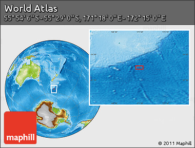 Physical Location Map of the Area around 55° 41' 33" S, 171° 46' 30" E