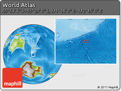 Physical Location Map of the Area around 55° 41' 33" S, 171° 46' 30" E