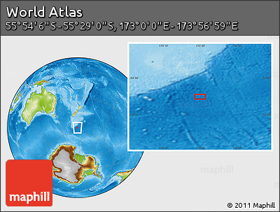 Physical Location Map of the Area around 55° 41' 33" S, 173° 28' 29" E