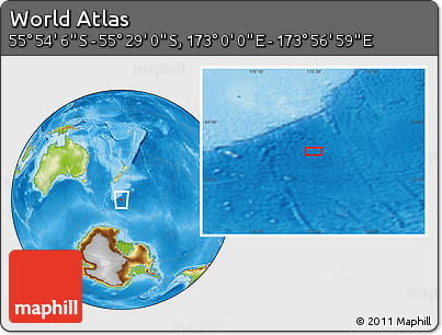 Physical Location Map of the Area around 55° 41' 33" S, 173° 28' 29" E