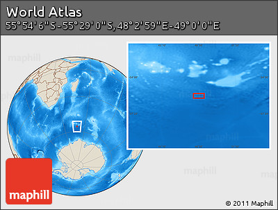 Shaded Relief Location Map of the Area around 55° 41' 33" S, 48° 31' 29" E