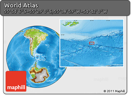 Physical Location Map of the Area around 55° 41' 33" S, 55° 10' 29" W
