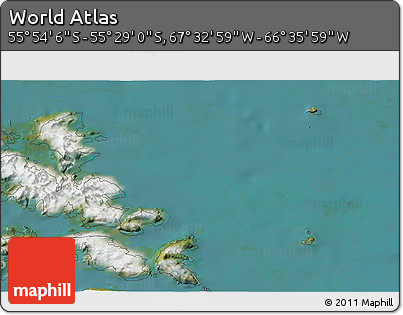 Satellite 3D Map of the Area around 55° 41' 33" S, 67° 4' 29" W