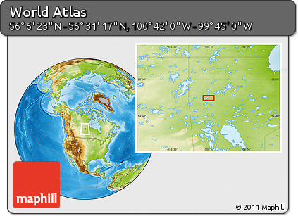 Physical Location Map of the Area around 56° 18' 50" N, 100° 13' 29" W