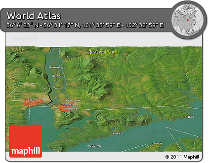 Satellite 3D Map of the Area around 56° 18' 50" N, 102° 4' 29" E